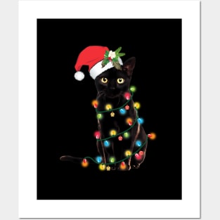 Black Cat Santa Tangled Up In Lights Posters and Art